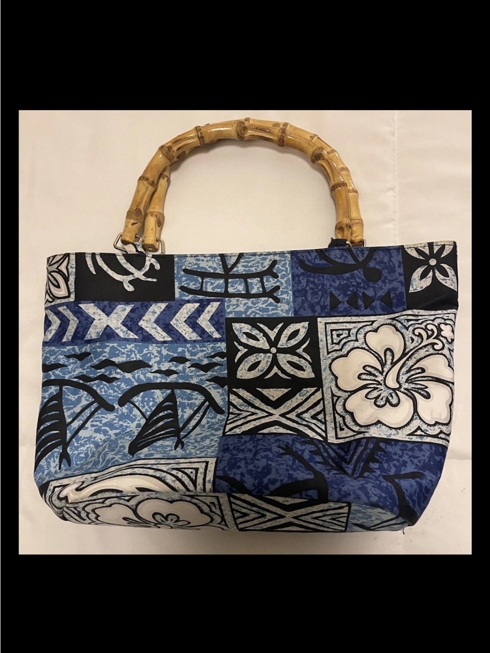 Blue Patchwork Bamboo-Handle Tote Bag barkcloth exterior
